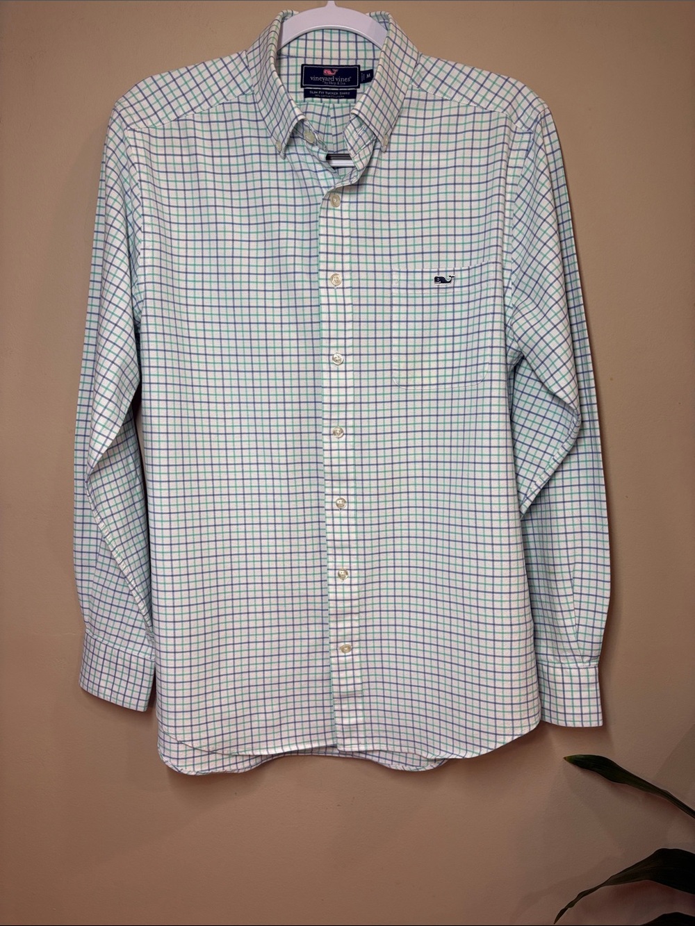 Vineyard Vines Slim Fit Tucker White Button-Down Shirt w/ Green &Blue Windowpane